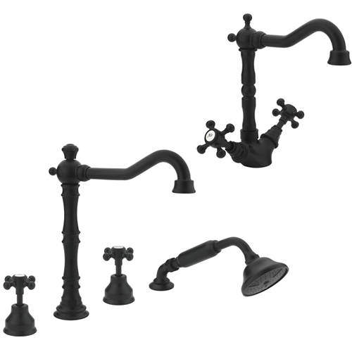 Tre Mercati Allora Basin & 4 Hole Bath Shower Mixer Tap Pack (Matt Black).