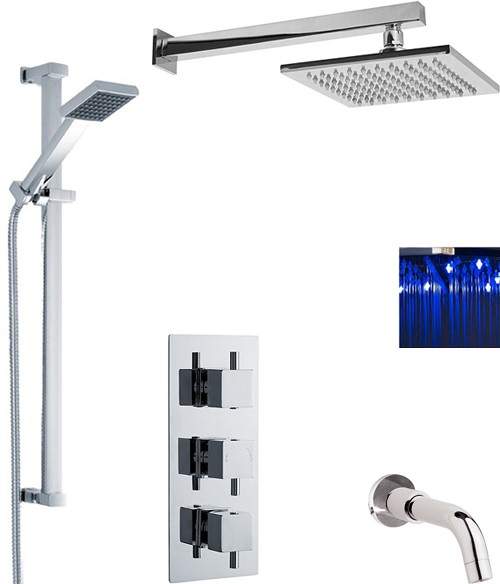 Premier Showers Triple Shower Valve, LED Head & Slide Rail Kit & Bath Spout.