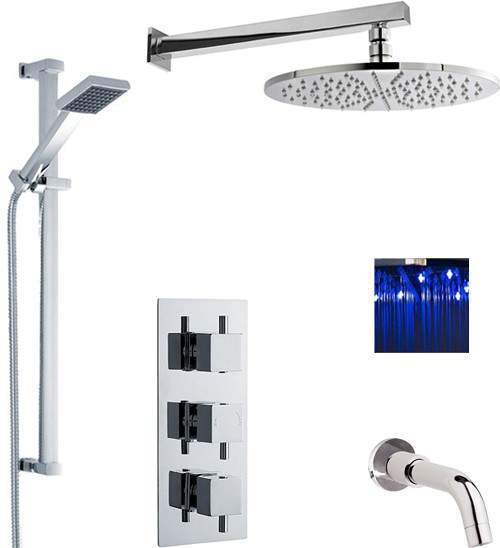 Premier Showers Triple Shower Valve, LED Head & Slide Rail Kit & Bath Spout.