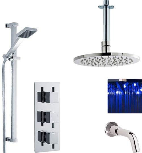 Premier Showers Triple Shower Valve, LED Head & Slide Rail Kit & Bath Spout.