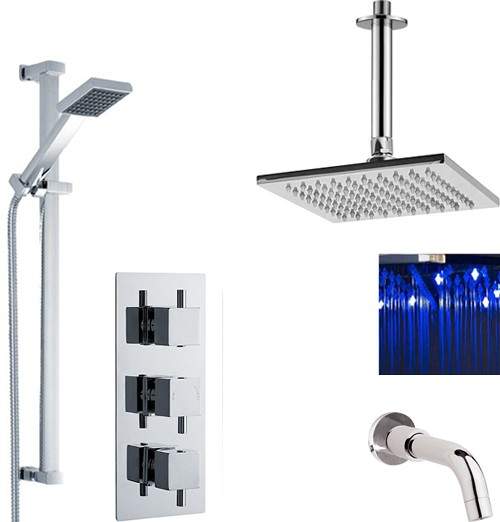 Premier Showers Triple Shower Valve, LED Head & Slide Rail Kit & Bath Spout.
