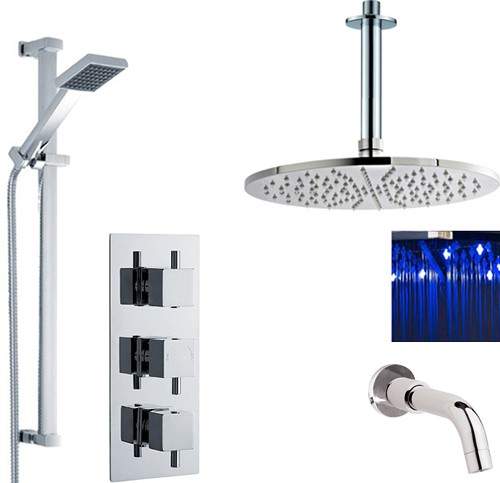 Premier Showers Triple Shower Valve, LED Head & Slide Rail Kit & Bath Spout.