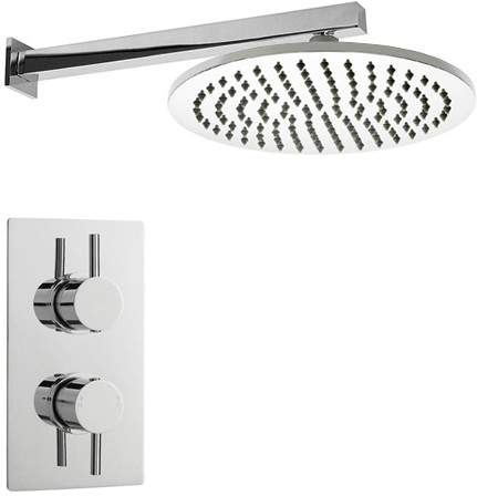 Crown Showers Twin Thermostatic Shower Valve, Arm & Round Head 300mm.