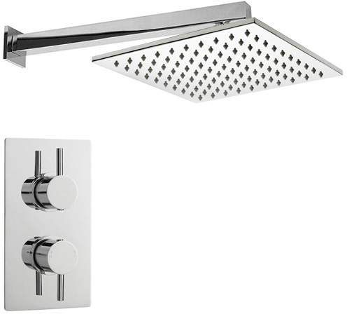 Crown Showers Twin Thermostatic Shower Valve, Arm & Square Head 300mm.