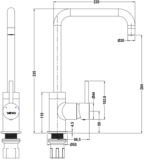Technical image of 1810 Purquartz Cascata Kitchen Tap (Concrete & Copper).