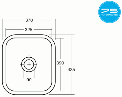 Technical image of 1810 Undermounted Ceramic Kitchen Sink With Waste (370x435mm).