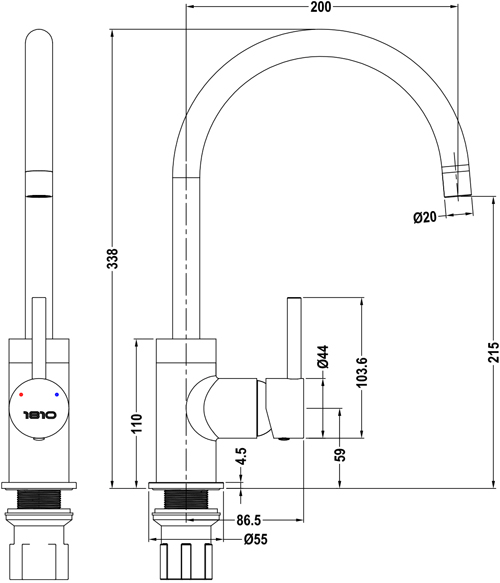 Technical image of 1810 Kitchen Sink & Tap Pack, 1.5 Bowl (1000x500, Mocha).