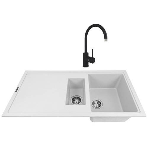 Larger image of 1810 Kitchen Sink & Tap Pack, 1.5 Bowl (1000x500, Polar White & Black).