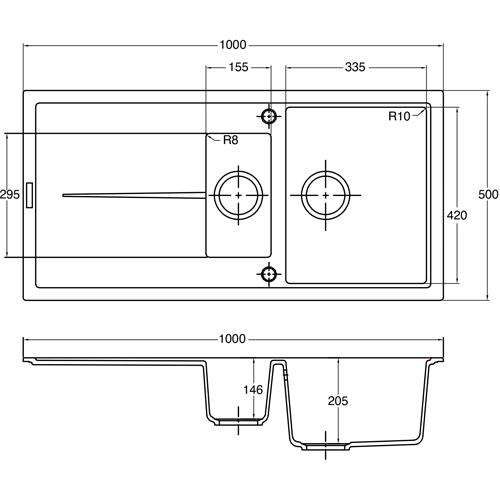 Technical image of 1810 Kitchen Sink & Tap Pack, 1.5 Bowl (1000x500, Black & Polar White).