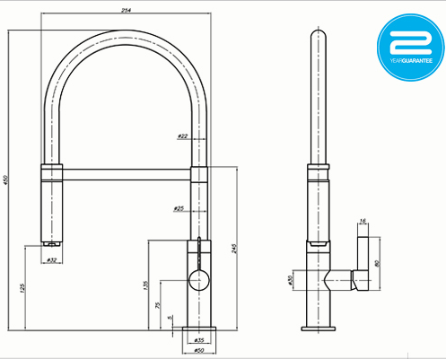 Technical image of 1810 Spirale Single Lever Rinser Kitchen Tap (Brushed Steel & Blue).