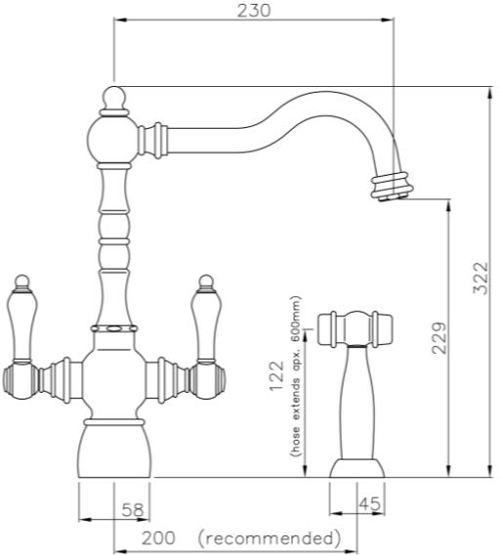 Technical image of Abode Bayenne Monobloc Kitchen Tap With Handspray (Pewter).
