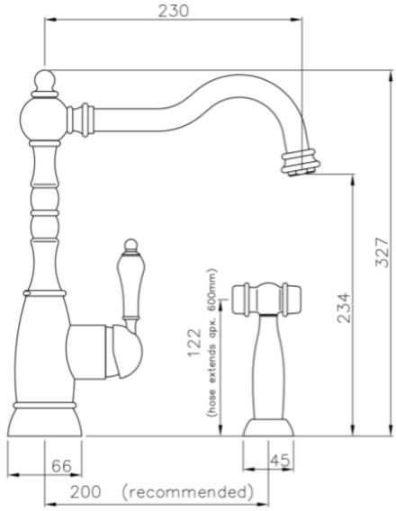 Technical image of Abode Bayenne Single Lever Kitchen Tap With Handspray (Pewter).