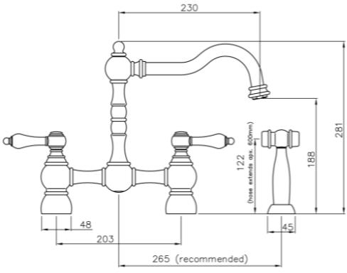 Technical image of Abode Bayenne Bridge Kitchen Tap With Handspray (Chrome).