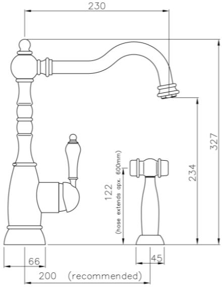Technical image of Abode Bayenne Single Lever Kitchen Tap With Handspray (Cen Copper).