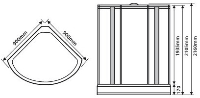 Technical image of Crown Quadrant Steam Shower Cabin. 900x900mm.