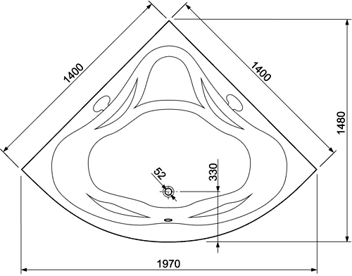 Technical image of Aquaestil Ambassador Corner Turbo Whirlpool Bath. 14 Jets. 1400x1400.