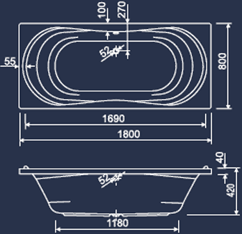 Technical image of Aquaestil Apollo Double Ended Whirlpool Bath. 14 Jets. 1800x800mm.