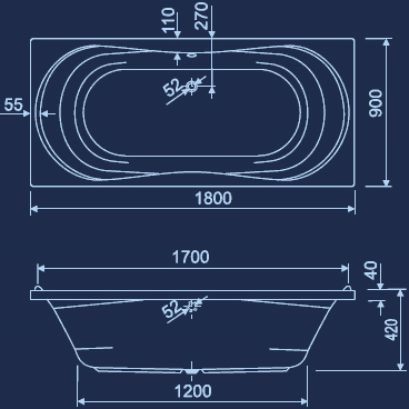 Technical image of Aquaestil Apollo Maxi Eclipse Whirlpool Bath. 24 Jets. 1800x900mm.