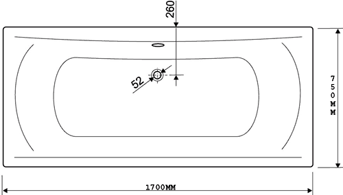 Technical image of Aquaestil Arena Aquamaxx Double Ended Bath.  1700x750mm.