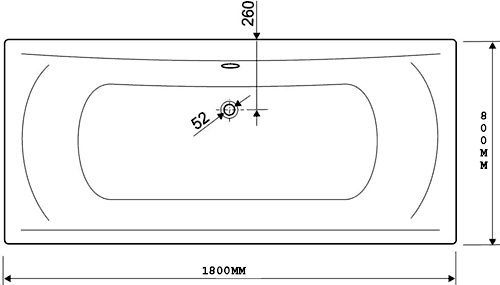 Technical image of Aquaestil Arena Aquamaxx Double Ended Bath.  1800x800mm.