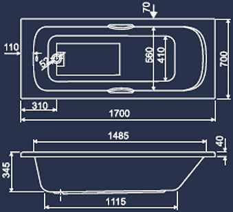 Technical image of Aquaestil Buckingham Aquamaxx Bath With Handles.  1700x700mm.