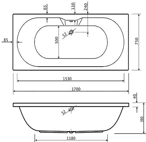 Technical image of Aquaestil Calisto Double Ended Whirlpool Bath. 14 Jets. 1700x750mm.
