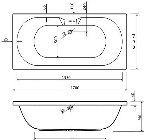 Technical image of Aquaestil Calisto Double Ended Whirlpool Bath. 6 Jets. 1700x700mm.