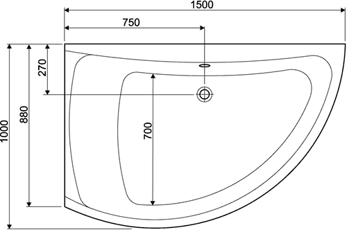 Technical image of Aquaestil Comet Corner Whirlpool Bath. 14 Jets. Left Handed. 1500x1000mm.