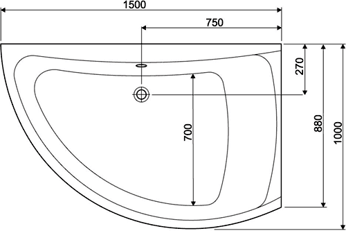 Technical image of Aquaestil Comet Corner Bath With Panel. Right Handed. 1500x1000mm.