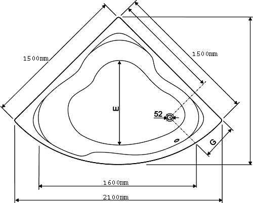 Technical image of Aquaestil Gloria Corner Whirlpool Bath. 8 Jets. 1500x1500mm.