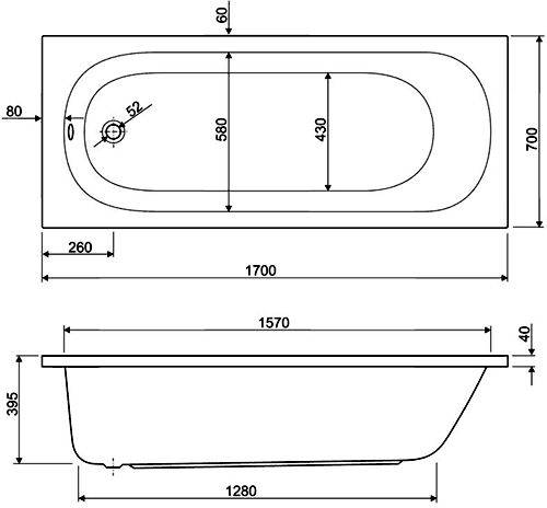 Technical image of Aquaestil Hudson Aquamaxx Whirlpool Bath. 8 Jets. 1700x700mm.