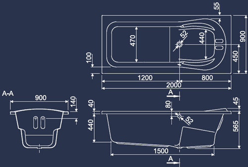 Technical image of Aquaestil Iceland Large Bath.  2000x900mm.