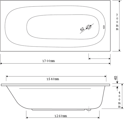 Technical image of Aquaestil Mercury Acrylic Bath.  1700x700mm.