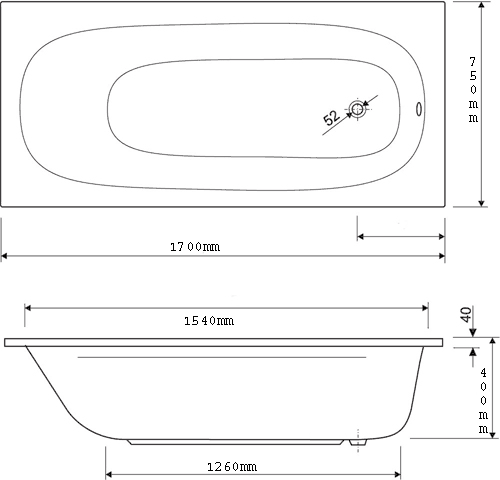 Technical image of Aquaestil Mercury Acrylic Bath.  1700x750mm.