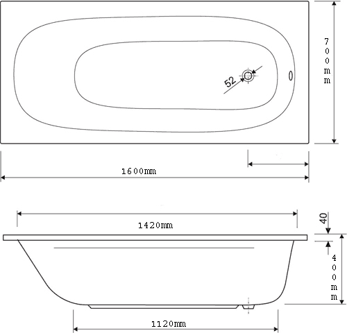 Technical image of Aquaestil Mercury Aquamaxx Bath.  1600x700mm.