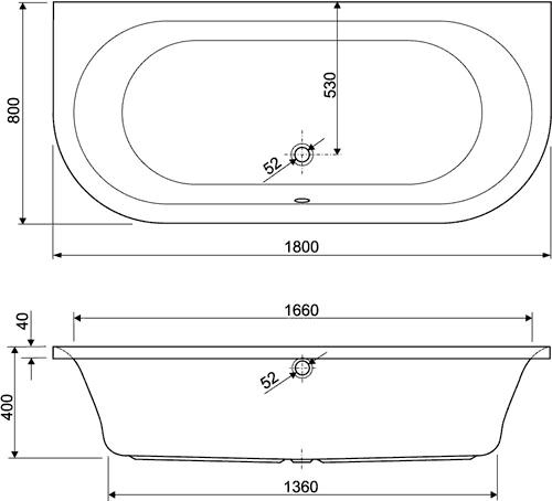 Technical image of Aquaestil Metauro1 Double Ended Bath With Panels.  1800x800mm.