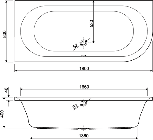 Technical image of Aquaestil Metauro2 Corner Bath With Panel. Right Handed. 1800x800mm