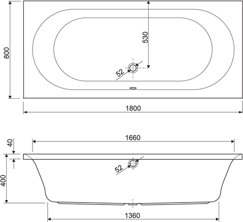 Technical image of Aquaestil Metauro3 Double Ended Acrylic Bath.  1800x800mm.