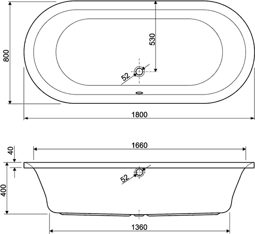 Technical image of Aquaestil Metauro Classic Freestanding 14 Jet Whirlpool Bath. 1800x800.