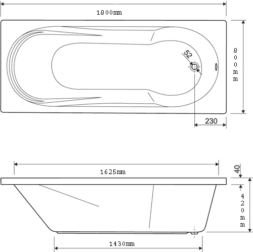 Technical image of Aquaestil Modena Acrylic Bath.  1800x800mm.