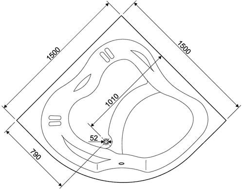 Technical image of Aquaestil Newa Large Corner Whirlpool Bath. 14 Jets. 1500x1500mm.