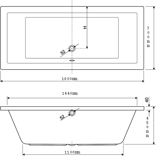 Technical image of Aquaestil Plane Double Ended Whirlpool Bath. 8 Jets. 1600x700mm.