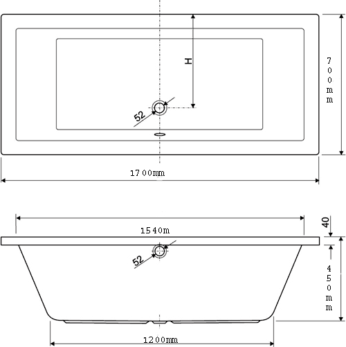 Technical image of Aquaestil Plane Double Ended Whirlpool Bath. 14 Jets. 1700x700mm.