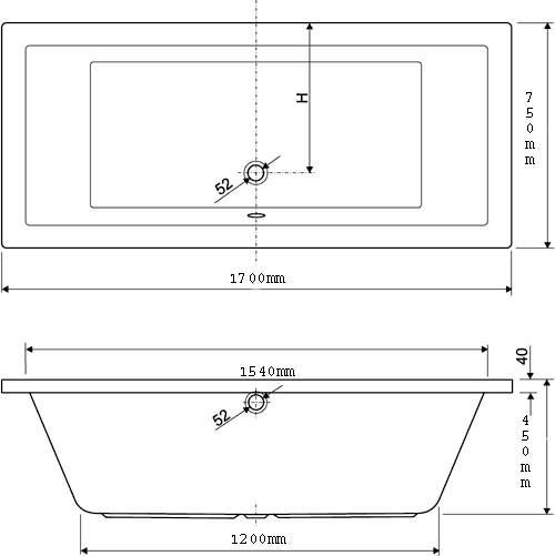 Technical image of Aquaestil Plane Double Ended Whirlpool Bath. 14 Jets. 1700x750mm.