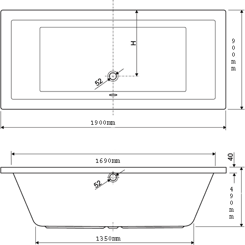 Technical image of Aquaestil Plane Double Ended Whirlpool Bath. 8 Jets. 1900x900mm.