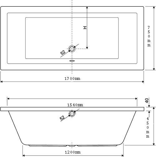 Technical image of Aquaestil Plane Aquamaxx Turbo Whirlpool Bath. 14 Jets. 1700x750mm.