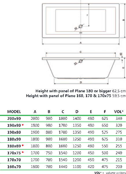 Technical image of Aquaestil Plane Double Ended Acrylic Bath.  2000x900mm.