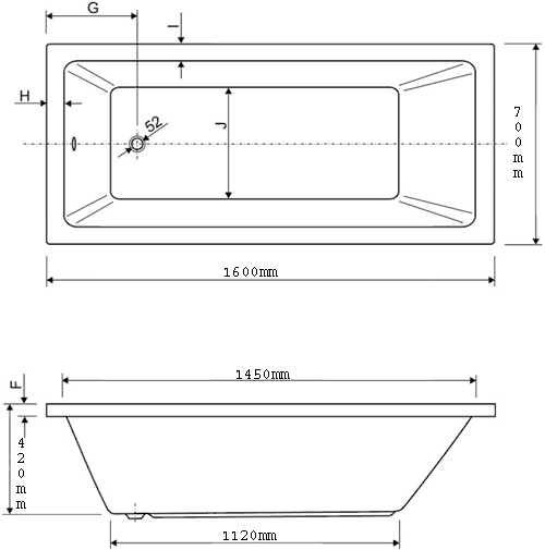 Technical image of Aquaestil Plane Solo Bath.  1600x700mm.