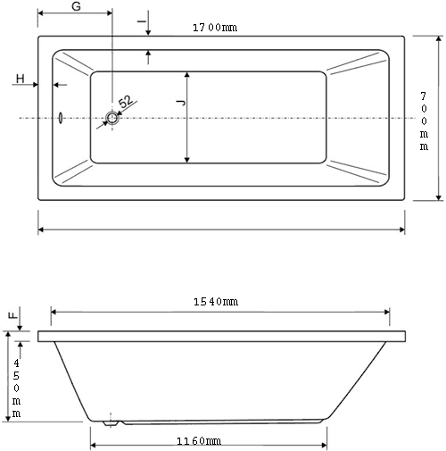 Technical image of Aquaestil Plane Solo Bath.  1700x700mm.