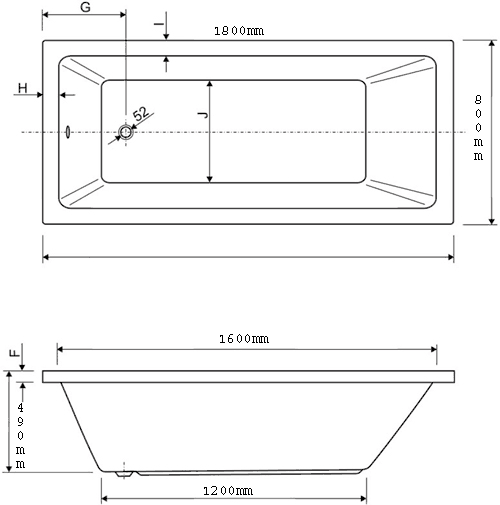 Technical image of Aquaestil Plane Solo Whirlpool Bath. 8 Jets. 1800x800mm.